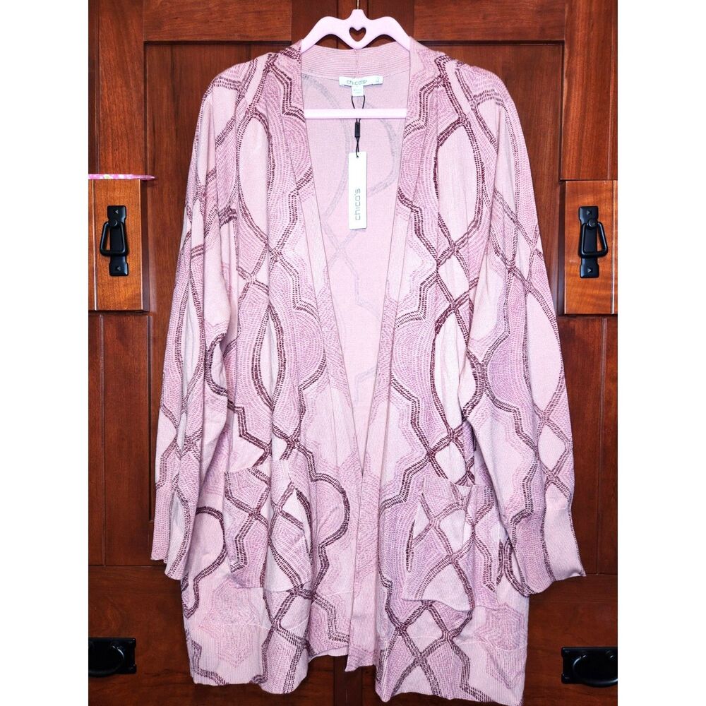 Chico's Dusty Pink Cardigan Sweater Geometric Open Front Longline Size XXL NWT!
